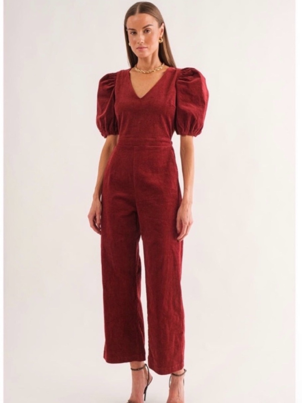 V-Neck Burgundy Puff-Sleeve Jumpsuit